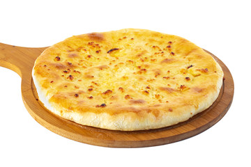 Georgian traditional food khachapuri on a wooden dish on white background