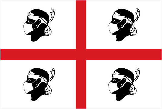 Flagge von Sardinien mit nach links gerichteten Mohrenköpfen und Mundschutz