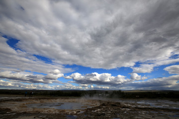 Geysir / Iceland - August 25, 2017: Strokkur geysir eruption near Golden Circle, Iceland
