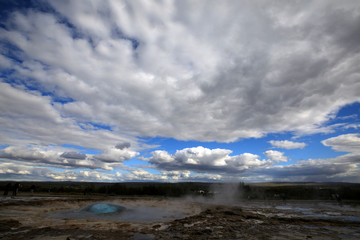 Geysir / Iceland - August 25, 2017: Strokkur geysir eruption near Golden Circle, Iceland