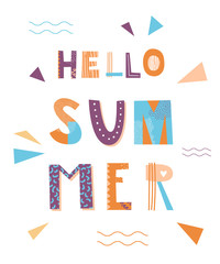 Hello summer lettering poster. Hand drawn text.