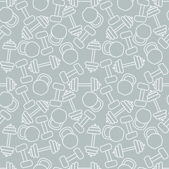 Gym tools: grey seamless pattern, sports wallpaper texture, wrapping print design. Vector graphics.