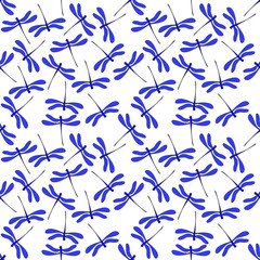 Blue dragonflies on white: seamless pattern, wallpaper texture, wrapping print design. Vector graphics.