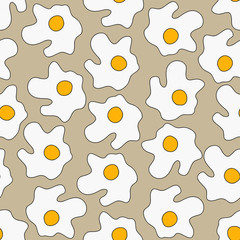 Bright fried eggs on beige background: breakfast seamless pattern, wallpaper texture, wrapping print design. Vector graphics.