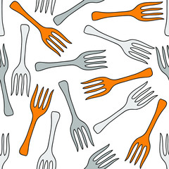 Orange and grey forks on white background: prickly seamless pattern, wallpaper texture, wrapping print design. Vector graphics.