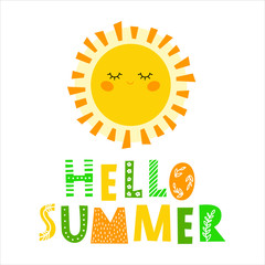 Hello summer - hand drawn inscription, typography poster with inspirational phrase. T-shirt, greeting card, print art or home decoration in Scandinavian style. Scandinavian design. Vector 