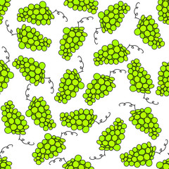 Green grapes on white background: juicy seamless pattern, wallpaper texture, wrapping print design. Vector graphics.