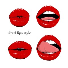 Obraz premium Hand drawn female lips. Close-up plump lips. Red kissing lips. Woman mouth with tongue.