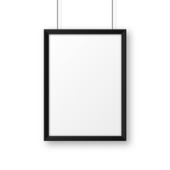 Realistic hanging on a wall blank black picture frame. Modern poster mockup. Empty photo frame. Vector illustration.