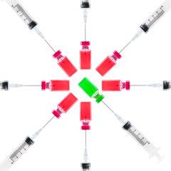 Syringe vaccine and medicine on white background