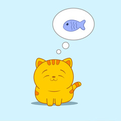 Kawaii cat dreams of a fish. Greeting card, invitation card. Flat lay, top view