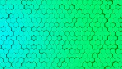 Gradien green and cyan Hexagonal cell seamless pattern, comb texture. 3D illustration. Background