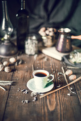Coffee and nuts on the tabke at home