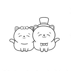 Two kawaii cats in wedding dresses. Greeting card for a wedding, invitation card. Coloring book. Flat lay, top view