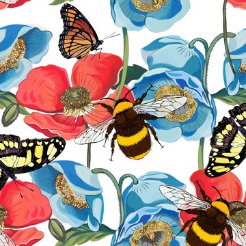 Vector seamless pattern of red poppy flowers with bumblebee, insects, butterflies, bee illustration. Bright floral background. International Bee Day. Modern style. Creative style