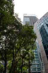 Obraz na płótnie Canvas SINGAPORE CITY, SINGAPORE - April 03, 2019: Green nature facade, palm trees on modern buildings in Singapore City. 