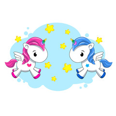 Two Little pink and blue unicorn on a rainbow. Cartoon. Girl and boy. Love. Flat lay, top view