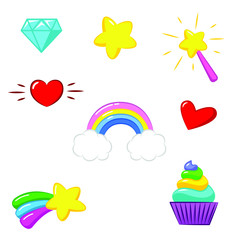 Set of little princess and unicorn. Magic wand, heart, diamond, cupcake, rainbow, star. Icon, sticker, cartoon. Flat lay, top view