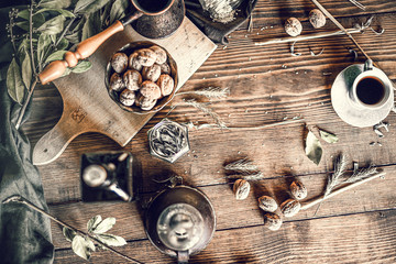 Coffee and nuts on the tabke at home