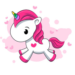 Little pink unicorn on a white background. Cartoon. Girl. Flat lay, top view © Alex