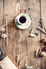 Coffee and nuts on the tabke at home