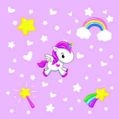 Little pink unicorn, star, rainbow, magic wand on a pink background. Icons. Flat lay, top view