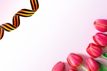 St George ribbon on white background, copy space. 9 may Russian holiday Victory day. Greeting card...