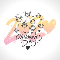 Big gentle hearts 2020 for children's day. Beautiful logo. Joyful smiling boys and girls template to the International Children's Day 2020. Vector inscription and globe and funny kids.
