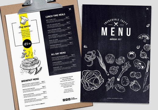 Food Menu Layout with Chalkboard Texture and Illustrations