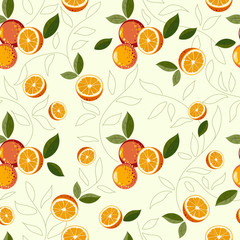 Seamless Floral Pattern. Orange Fruits Background. Flowers, Leaves, Vector