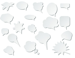 Comic paper cut speech bubble set with realistic shadows. Empty text box cloud. 3D effect comics message balloon template. Stock vector illustration on white isolated background.