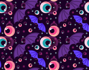 Vector illustration. Seamless pattern with occult symbols. Eyeballs, bat wings. On a dark gloomy background.