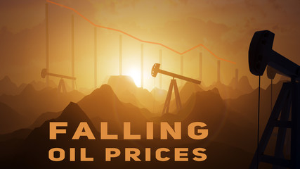 3d illustration. Oil barrel price falls down the chart © LukVFX