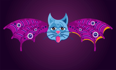 Vector illustration. Cat face with bat wings and eyeballs. Occult Symbols. On a dark gloomy background.