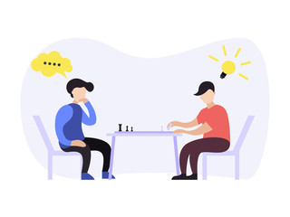 Two man are playing chess. Think about and plan strategy. Business and communication flat illustration design. Design for website, application, infographic, presentation, logo, banner etc.
