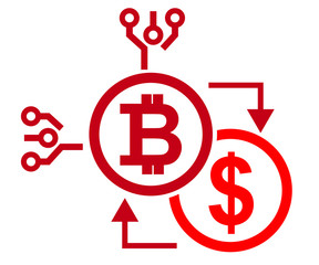 Bitcoin coin with bitcoin exchange, dollar sign flat color icon
