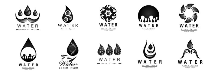 Water Splash Vector And Drop Set - Isolated On White Background. Vector Collection Of Flat Water Splash and Oil Drop Logo. Icons For Droplet, Water Wave, Rain, Raindrop, Company Logo And Bubble Design