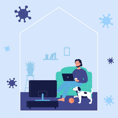 Young man resting on sofa and working online with laptop computer at home with dog during corona virus covid-19 time. Stay at home to prevent coronavirus disease, quarantine self isolation concept