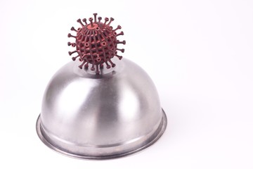 3d modeling of coronavirus, covid19 and other virus and bacterial species on metal surface.Microscopic view of epidemic diseases spreading from shakes and china on white background.copy space