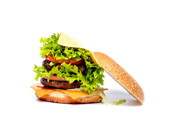 Cheeseburger or hamberger on a white background. Fast food