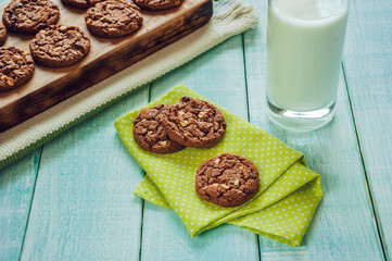 Chocolate cookies with a glass of milk on the light green wooden table