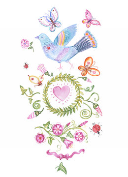 hand drawn watercolor set with dove, field weed ,butterflies and ladybugs.decorative elements for wedding invitations,greeting cards,textile