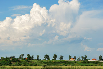 Huge cloud formation over a quiet green area with spaced houses.