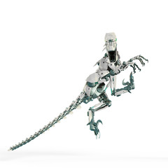 dino raptor robot is jumping on side view