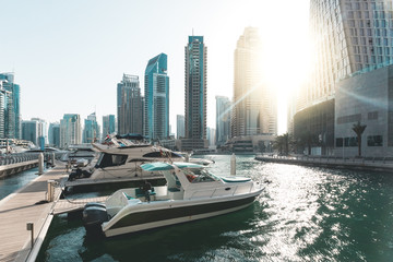 Yachts in Marina with skyscrapers in the background Dubai - UAE - 342179004
