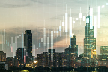 Fototapeta na wymiar Abstract virtual financial graph hologram on Chicago skyline background, forex and investment concept. Multiexposure