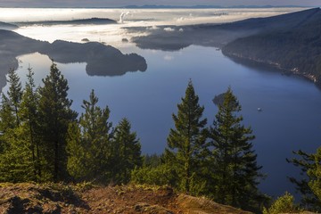 Scenic Landscape View of Indian Arm and Low Clouds over Distant Vancouver City on Horizon from Diez...