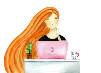 Illustration of girl with laptop