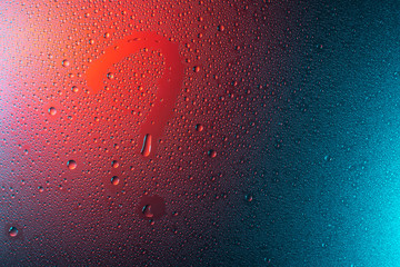 question mark symbol in neon light background drops trend 2020 color Aqua menthe classic blue Lush lava, Flat lay top view copy space