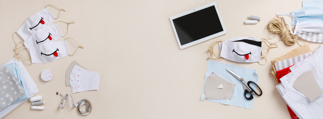 Handmade funny kinder face masks with smile. Smile & stay safe. Antiviral prevent measures. Zero waste optimistic mood. DIY face mask  at pandemic or quarantine. Sewing Cotton natural face-mask banner